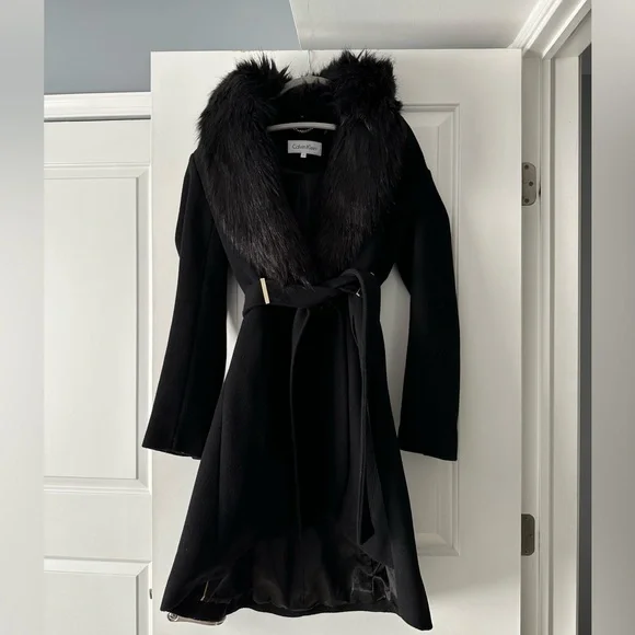Calvin Klein Black Wool Wrap Coat Detachable Fur Collar Size 6 - Picture 3 of 9